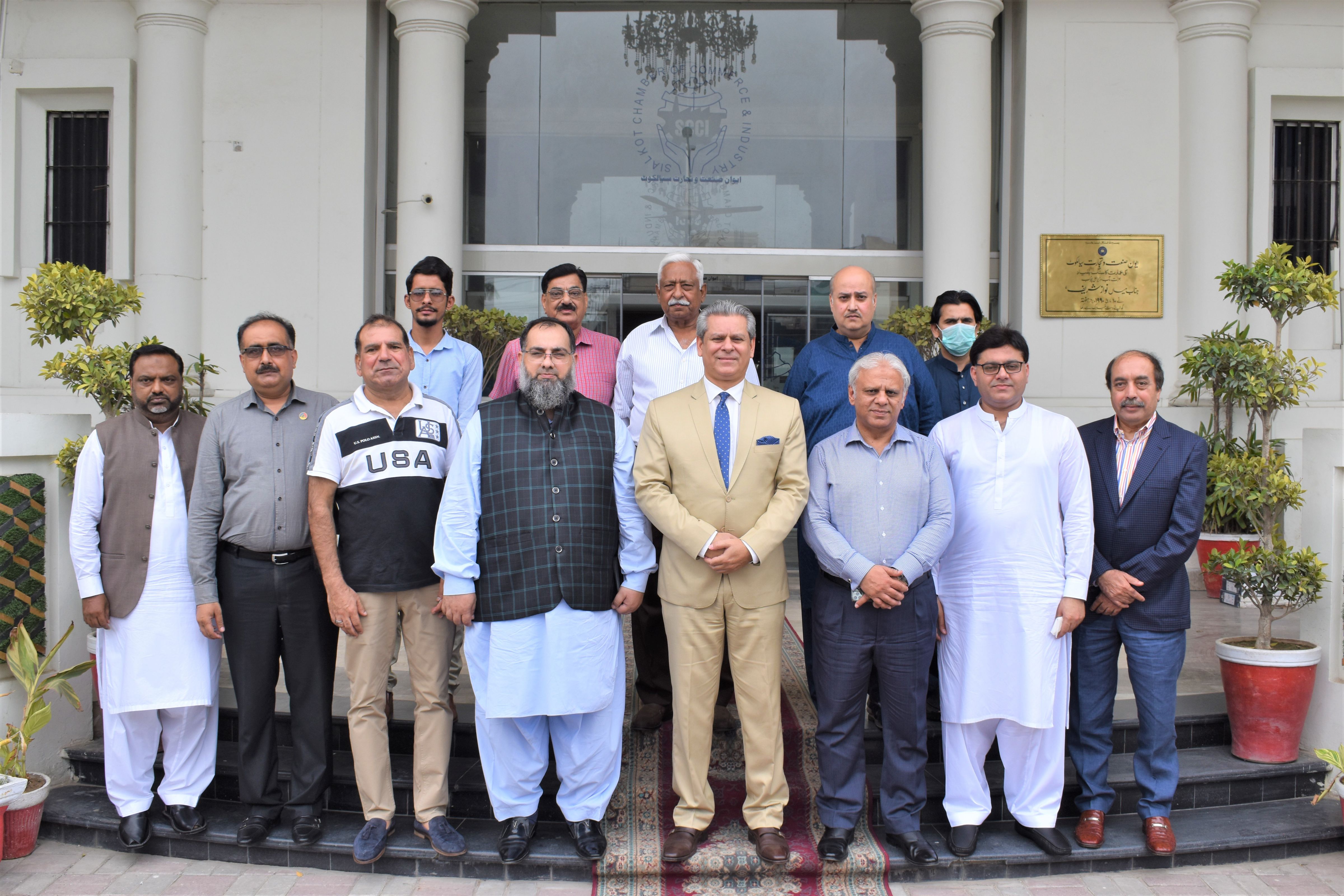 On July 10, 2021, H. E. Mr. Hamid Asghar Khan, Ambassador of Pakistan designated to the Kingdom of Morocco and the Republic of Liberia visited Sialkot Chamber of Commerce and Industry.   H.E. Mr. Hamid Khan and Mr. Ijaz Khokar, Former Chairman, Pakistan Readymade Garments Manufacturers and Exporters Association (PRGMEA) was received by Mr. Qaiser Iqbal Baryar, President accompanied by Mr. Khuram Aslam, Senior Vice President, Mr. Ansar Aziz Puri, Vice President and Members of Executive Committee SCCI.   During the meeting, H.E. appreciated the role of Sialkot in the Economic Development of the Country and having maximum share in the total export of Pakistan. Mr. Ambassador assured his full facilitations and availability in providing a display platform for exporters of Sialkot to showcase their products in prominent markets in Rabat and Marrakesh and gain global recognition. President SCCI appreciated the proposal of the Ambassador and requested H.E. Mr. Hamid A. Khan to form a committee “LOOK AFRICA” for promotion of trade in African countries using Made in Sialkot products.