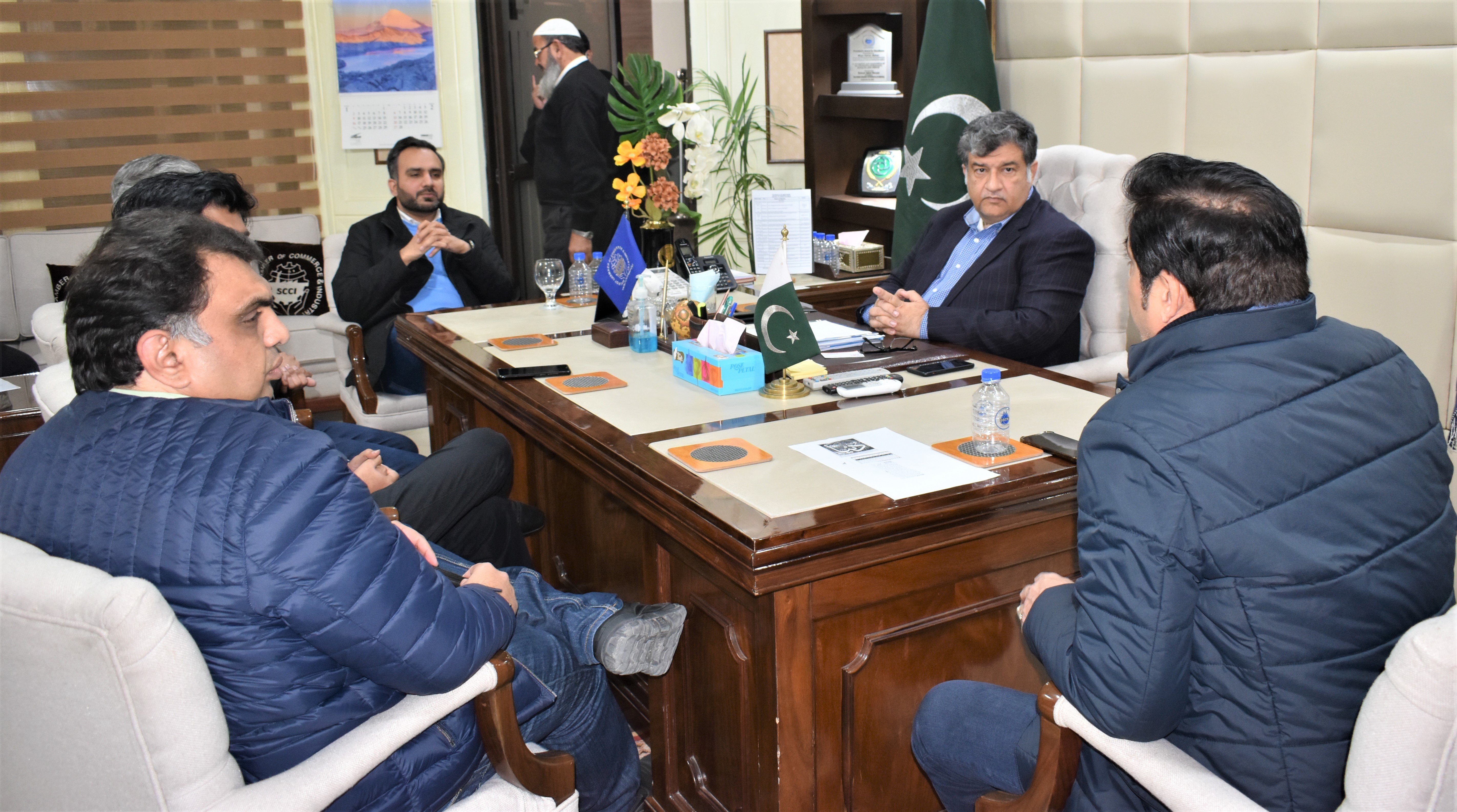 On January 13, 2022, Mian Imran Akbar, President, Sialkot Chamber of Commerce & Industry convened a meeting with Mr. Waqas Raza Chairman of Pakistan Surgical Instruments Manufacturers Association (SIMAP), Mr. Faisal Akram (Vice Chairman SIMAP), Mr. Zeeshan Tariq and Mr. Omer Khalid in order to discuss a Notification issued by the Federal Board of Revenue (Revenue Division), Government of Pakistan regrading an Amendment in S.R.O 211(I)/2009 that is directly affecting the Surgical Industry of Sialkot. Mr. Fazal Jilani, Former President SCCI also shared his views on above matter.  Under the said amendment, the rates of Custom Duty on various Imported Raw Material Items have been amended. SCCI & SIMAP have jointly taken up the said matter to communicate the concerns of industry to the Government.