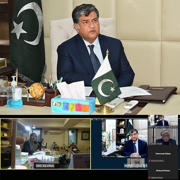 On January 4, 2022, Mian Imran Akbar, President Sialkot Chamber of Commerce & Industry chaired an Online Consultative session with Dr. Shaista Sohail Executive Director Higher education commission to held discussion on needs of local industry regarding manpower from universities and cutting-edge research to boom Made in Pakistan Products by solving local problems.