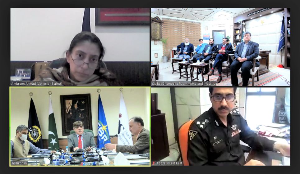 On February 07, 2022, Mian Imran Akbar, President Sialkot Chamber of Commerce & Industry held a zoom meeting with Member Custom Policy to discuss the allowance of temporary Import benefit to Artificial/ Leather (PU) under SRO 492(I)/2009 dated 13.06.2009. Mr. Khawaja Masood Akhtar, Ch. Ahmed Zulfiqar Hayat, Mr. Ahsan Naeem and Mr. Jahangir Iqbal also attended the meeting.