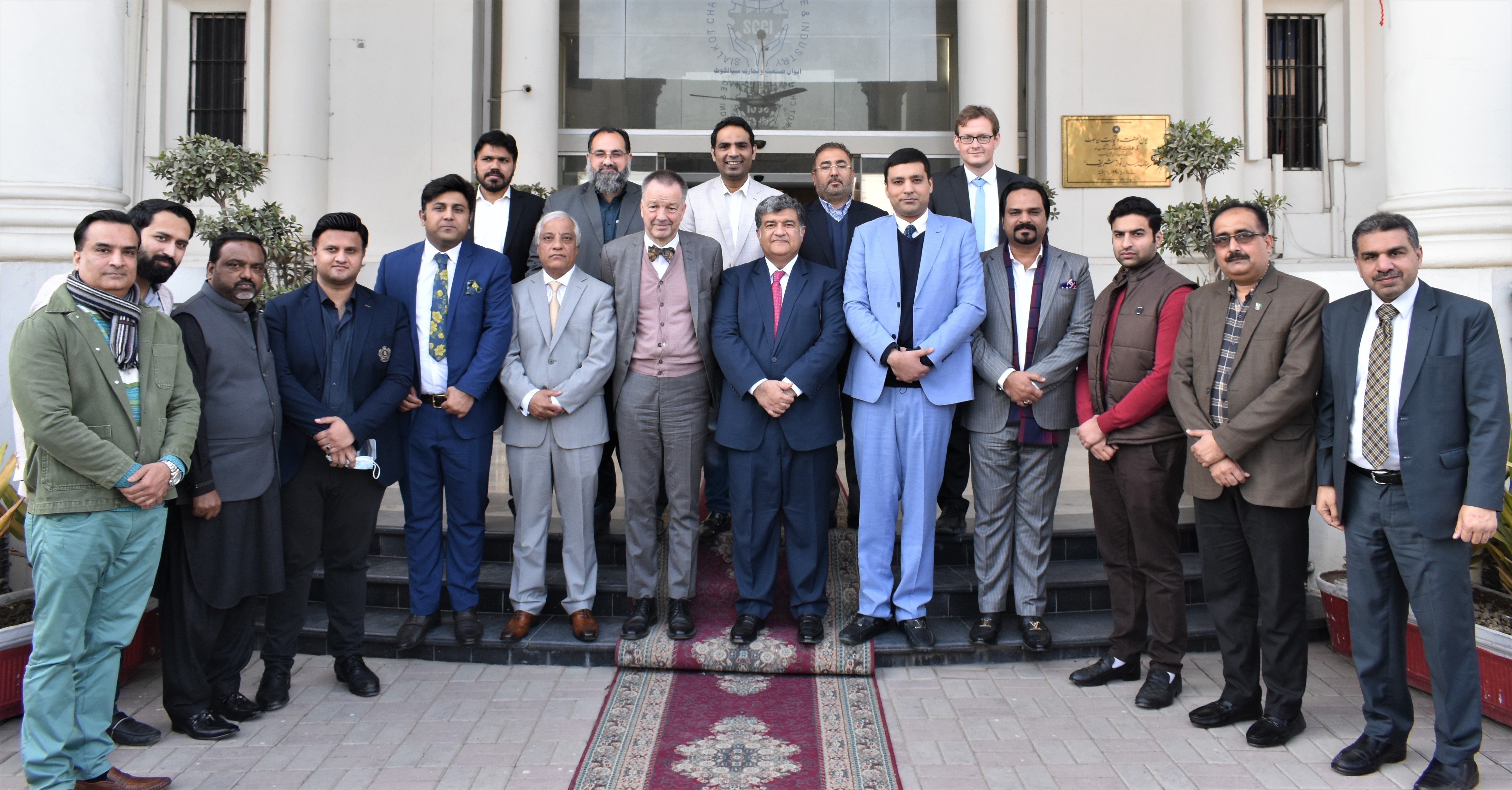 On February 10, 2022, His Excellency Mr. Bernhard Schlagheck, Ambassador of Germany designated to Pakistan visited Sialkot Chamber of Commerce and Industry and was accompanied by Mr. Christian Boettcher. Mian Imran Akbar, President, Sheikh Zohaib Raffique, Senior Vice President and Mr. Qasim Malik, Vice President, Sialkot Chamber warmly welcomed the honorable guests and shared immense pleasure on His Excellency’s visit to Sialkot Chamber.   On the occasion, Mian Imran Akbar said that Germany is an important investment partner in Pakistan and I thankfully mention that many German companies are contributing to Pakistan’s economy and providing jobs to Pakistanis. He requested H.E. Bernhard Schlagheck to devise a mechanism where members recommended by the Sialkot Chamber could get special appointments and submit their visa applications within Islamabad. President Chamber also requested to nominate a focal person on behalf of German Embassy to address the issue or problem relating to visas and other concerns.  H.E. Bernhard Schlagheck appreciated the projects completed under Sialkot Chamber and assured his full cooperation in providing facilitation in boosting economic activity by improving cooperation and creating private sector linkages.