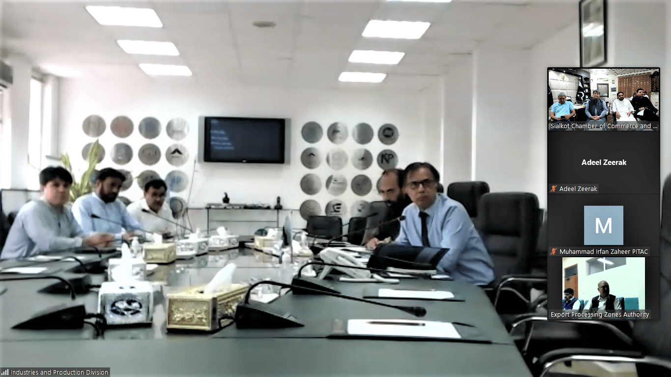 On June 17, 2022, Sialkot Chamber of Commerce & Industry held a zoom meeting with Mr. Imdadullah Bosal, Secretary, Ministry of Industries & Production Pakistan to discuss the comprehensive construction policy of Sialkot Export Processing Zone. Mian Imran Akbar, President SCCI highlighted issues related to Sialkot Export Processing zone. President Chamber also shared valuable inputs for Skill Development Program proposed for Sialkot Industries.  Sheikh Zohaib Rafique Sethi, Senior Vice President SCCI, Mr. Khawaja Masood Akhter and Mr. Khawar Anwar Khawaja also attended the meeting.