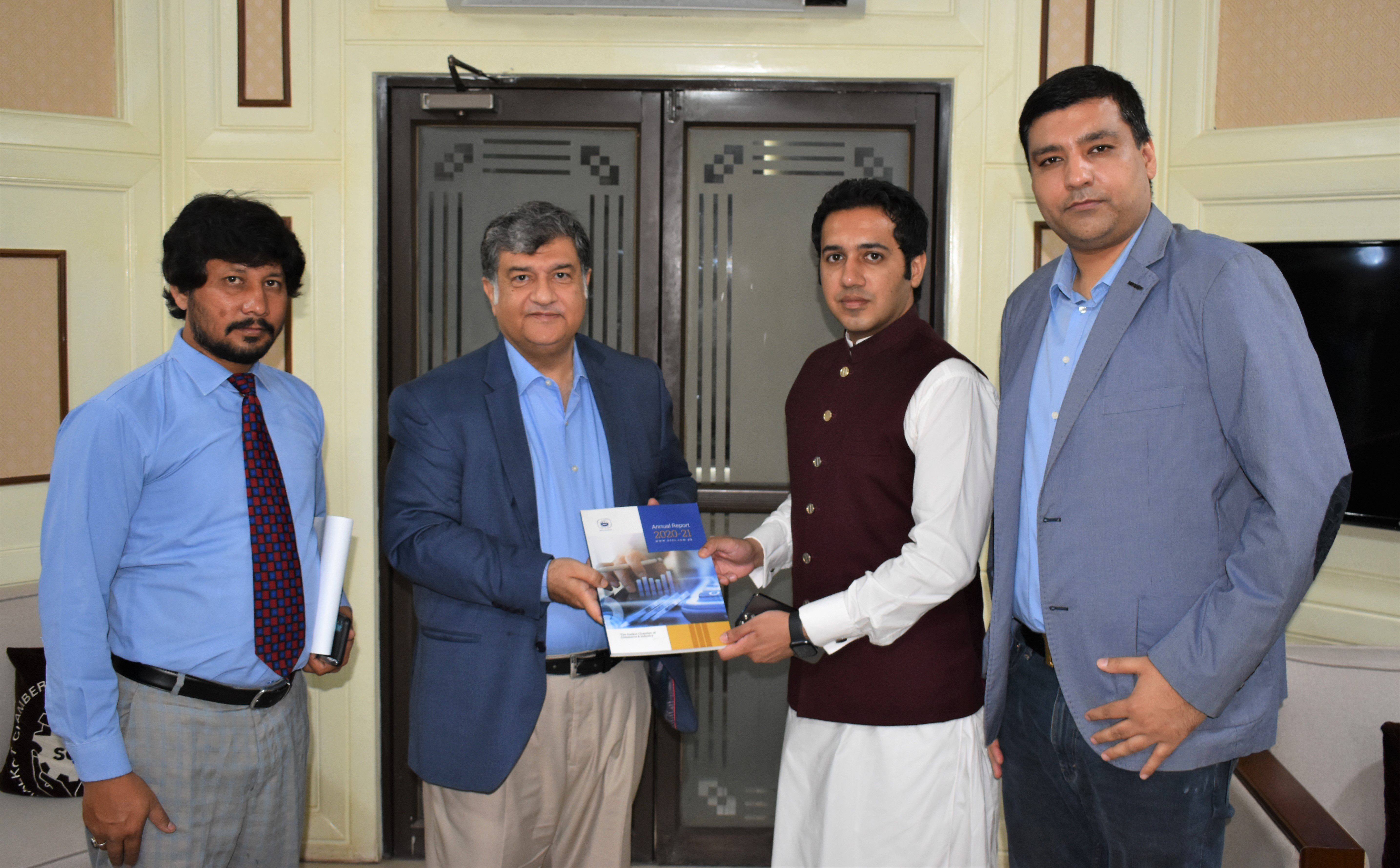 On July 16, 2022, Syed Musa Ali Bukhari, Additional Deputy Commissioner Revenue called on Mian Imran Akbar, President, Sialkot Chamber to discuss matters of Mutual Interest. Sheikh Zohaib Rafique Sethi, Senior Vice President SCCI also attended the meeting.