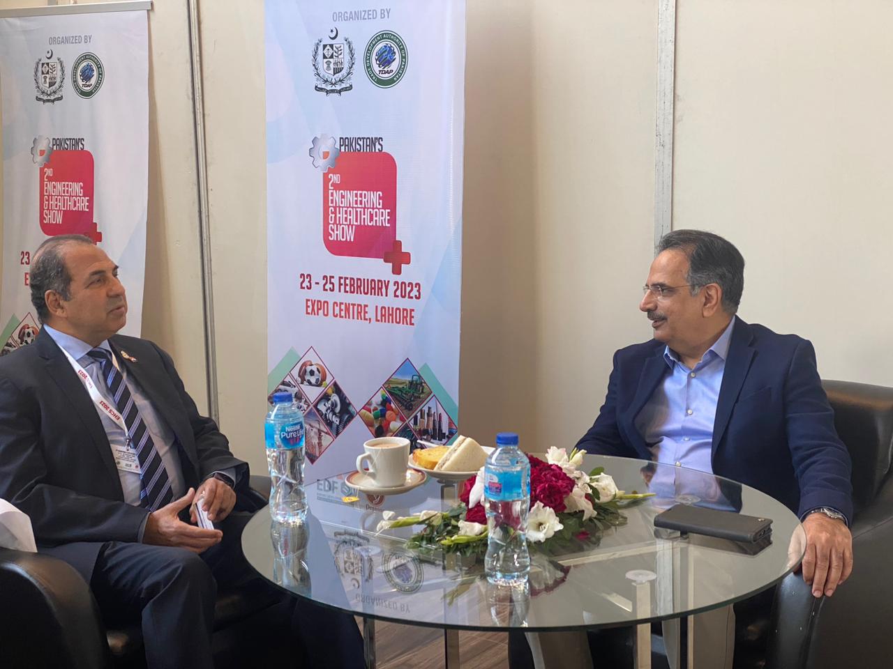 On 24 Feb, 2023, Mr. Abdul Ghafoor Malik, President SCCI, met Mr. Sameh Moustafa Zaki, Vice President, Cairo Chamber of Commerce at Engineering and Healthcare Expo Lahore 2023.