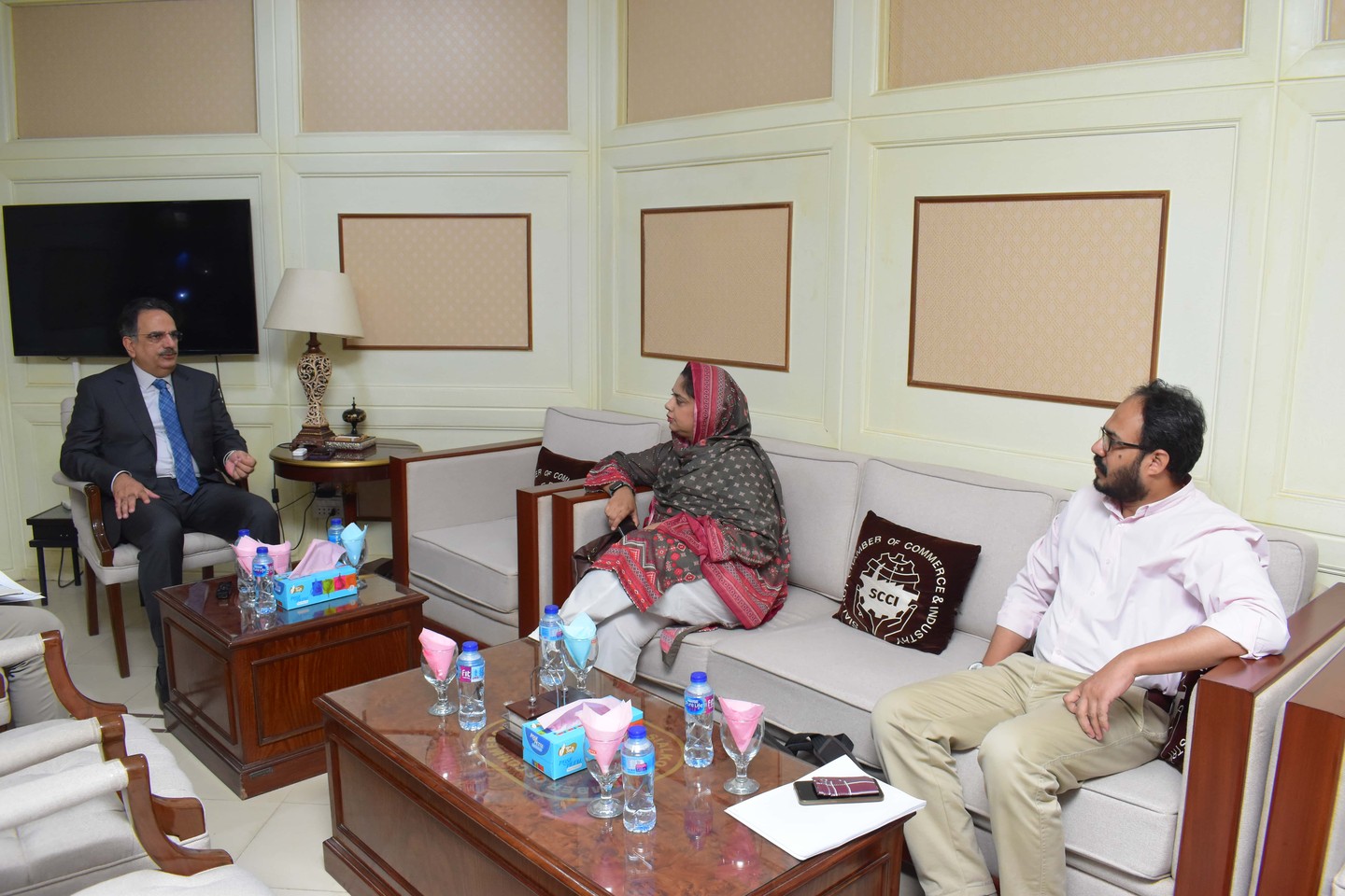 On July 20, 2023, Ms. Sadia Masood, Project Director, TUSDEC visited Sialkot Chamber of Commerce & Industry and had meeting with Mr. Abdul Ghafoor Malik, President, SCCI to have a discussion on projects related to Industry of Sialkot.
