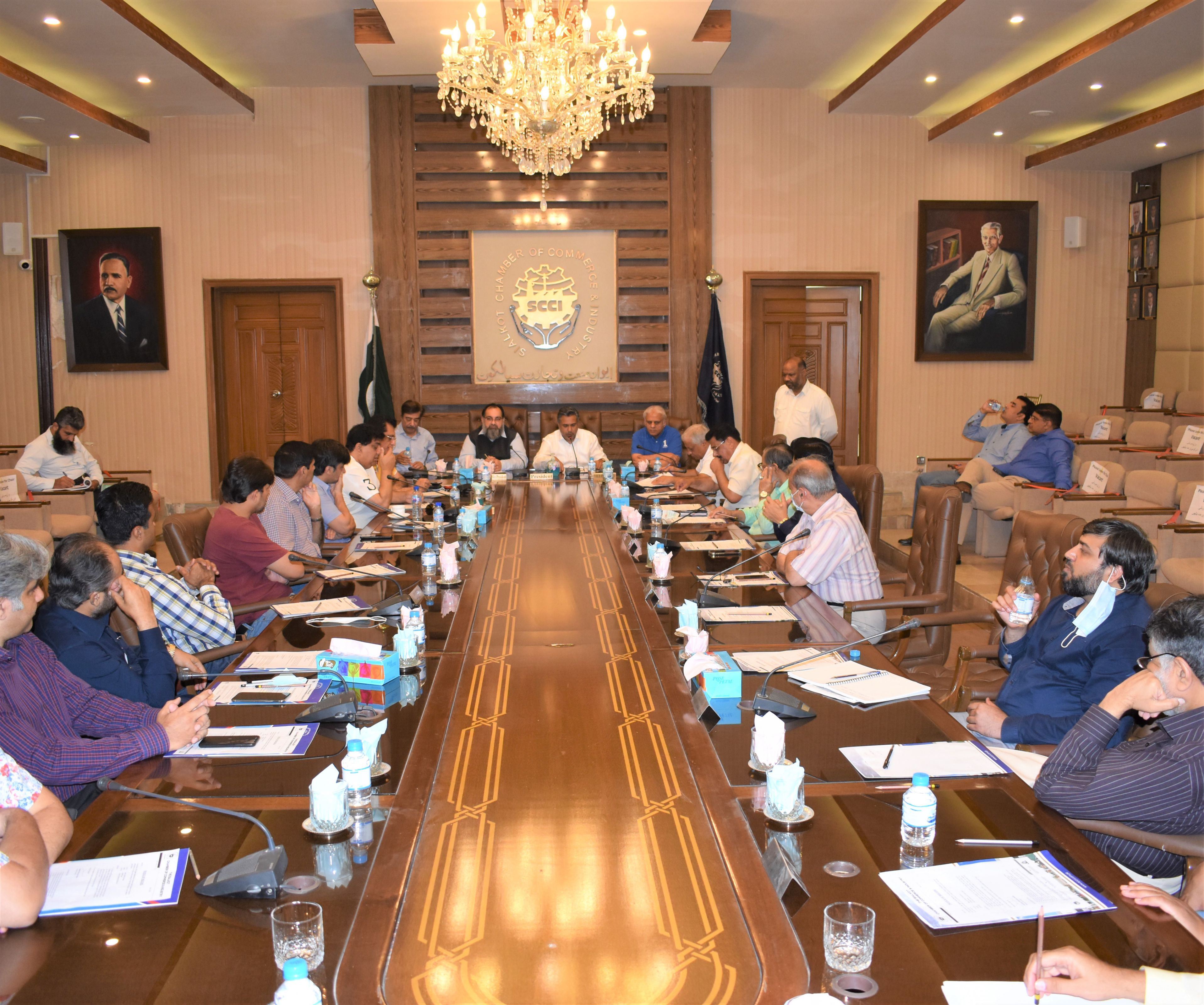 On July 05, 2021, A Joint Meeting of all Trade Bodies of Sialkot was held in Sialkot Chamber of Commerce and Industry to discuss the issue of levy of 5% Withholding Sales Tax on Export Companies against purchases from unregistered persons. The meeting was chaired by Mr. Qaisar Iqbal Baryar, President SCCI. Wherein, he informed that SCCI and All Trade Bodies of Sialkot had been demanding its abolition for the last two years but despite all assurances, no amendment had been included in the Finance Act 2021. Ch. Ahmed Zulfiqar Hayat, Mr. Faisal Mahboob Sheikh, Mr. Qamar Munir, Mr. Zeeshan Tariq, Mr. Ejaz A. Khokhar, Ch. Raza Munir and Members of Executive committee SCCI were also present in the meeting. On July 05, 2021, A Joint Meeting of all Trade Bodies of Sialkot was held in Sialkot Chamber of Commerce and Industry to discuss the issue of levy of 5% Withholding Sales Tax on Export Companies against purchases from unregistered persons. The meeting was chaired by Mr. Qaisar Iqbal Baryar, President SCCI. Wherein, he informed that SCCI and All Trade Bodies of Sialkot had been demanding its abolition for the last two years but despite all assurances, no amendment had been included in the Finance Act 2021. Ch. Ahmed Zulfiqar Hayat, Mr. Faisal Mahboob Sheikh, Mr. Qamar Munir, Mr. Zeeshan Tariq, Mr. Ejaz A. Khokhar, Ch. Raza Munir and Members of Executive committee SCCI were also present in the meeting.