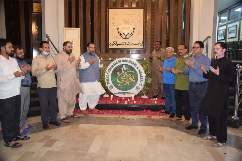 On September 05, 2021, Sialkot Chamber of Commerce & Industry celebrated the Defence Day of Pakistan to pay tribute to the martyrs who laid their lives and salute the veterans who fought to defend and uphold sovereignty and territorial integrity of Pakistan. Mr. Khuram Aslam, Senior Vice President and Mr. Ansar Aziz Puri, Vice President, SCCI lit candle lights to pay their fervent tributes and homage to the courageous armed forces who rendered great sacrifices for the nation. Mr. Sheikh Zahid Hameed, Chairman, SCCI Departmental Committee on Garrison HQ/ Cantonment Board Affairs, Mr. Mian Muhammad Khalil, Mr. Ejaz Ghauree and Ms. Shabina Gillani also participated in the event overwhelmingly with great enthusiasm. On September 05, 2021, Sialkot Chamber of Commerce & Industry celebrated the Defence Day of Pakistan to pay tribute to the martyrs who laid their lives and salute the veterans who fought to defend and uphold sovereignty and territorial integrity of Pakistan. Mr. Khuram Aslam, Senior Vice President and Mr. Ansar Aziz Puri, Vice President, SCCI lit candle lights to pay their fervent tributes and homage to the courageous armed forces who rendered great sacrifices for the nation. Mr. Sheikh Zahid Hameed, Chairman, SCCI Departmental Committee on Garrison HQ/ Cantonment Board Affairs, Mr. Mian Muhammad Khalil, Mr. Ejaz Ghauree and Ms. Shabina Gillani also participated in the event overwhelmingly with great enthusiasm.