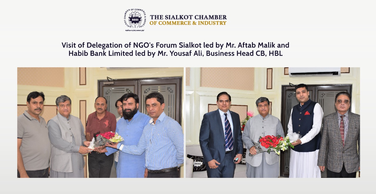 On October 20, 2021, A Delegation of NGO’s Forum Sialkot led by Mr. Aftab Malik and A delegation of Habib Bank Limited led by Mr. Yousaf Ali, Business Head CB, HBL visited Sialkot Chamber of Commerce & Industry and congratulated the President, Senior Vice President and Vice president on assuming the charge as Office Bearers of SCCI. On October 20, 2021, A Delegation of NGO’s Forum Sialkot led by Mr. Aftab Malik and A delegation of Habib Bank Limited led by Mr. Yousaf Ali, Business Head CB, HBL visited Sialkot Chamber of Commerce & Industry and congratulated the President, Senior Vice President and Vice president on assuming the charge as Office Bearers of SCCI.