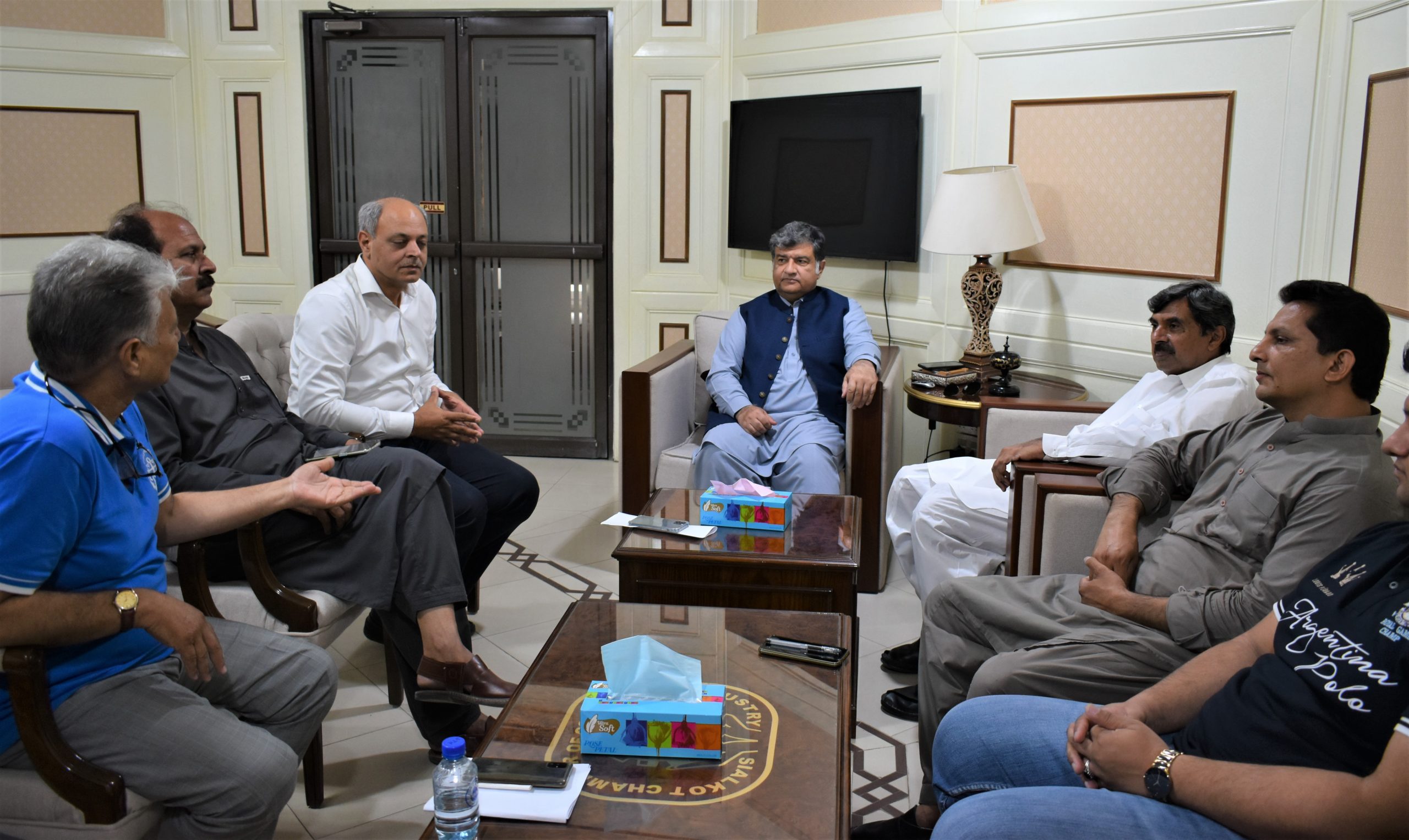 Mian Imran Akbar, President, The Sialkot Chamber of Commerce & Industry had a meeting with Mr. Niaz Khan, Director, Punjab Employees Social Security Institution (PESSI) on April 12, 2022. Wherein, the matters related to the collection of social security contributions were discussed. Mr. Muhammad Ayub Khan and Ch. Jahangir Rashid also attended the meeting.